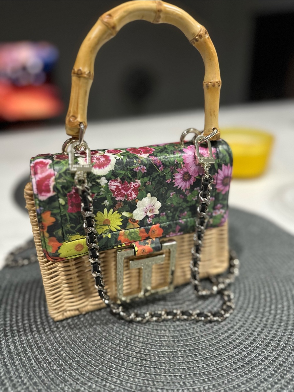Ted Baker Floral Print Wicker Top-Handle Bag with Bamboo Accent - Pink/Green